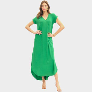 Entro Green V Neck Jersey Knit Maxi Dress With Pockets Sz M - NWT
